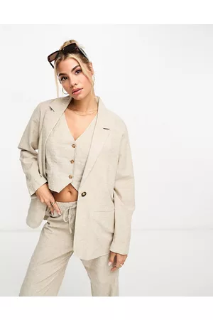 Monki 3 piece co-ord linen blazer in beige