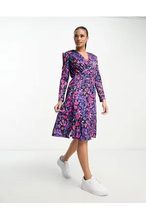 REBELLIOUS FASHION Wrap front midi dress in purple, pink and blue floral