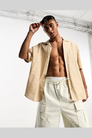 SELECTED Short sleeve revere collar linen shirt in beige