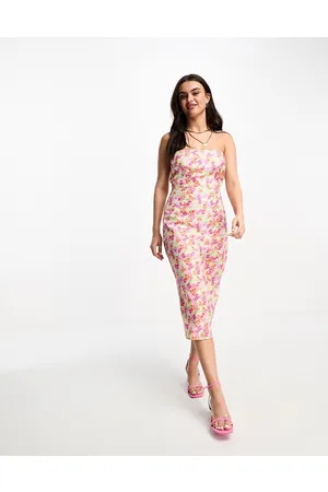 The Frolic Linen watercolour floral bandeau midi dress in