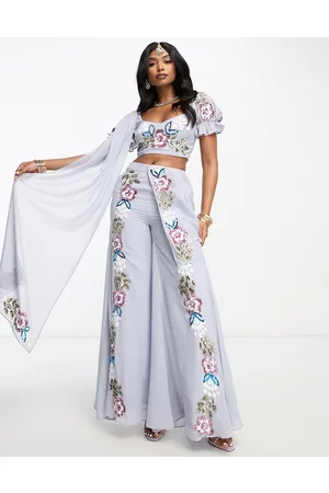 Maya Deluxe Contrast floral embellished sharara trouser in pale co-ord