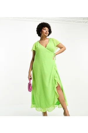 ASOS ASOS DESIGN Curve frill detail wrap maxi dress in bright lime dobby