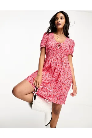 Monki Mini smock dress with puff sleeves in pink ditsy floral print