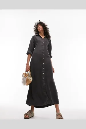 Topshop Acid wash denim look midi shirt dress with cut out back in charcoal