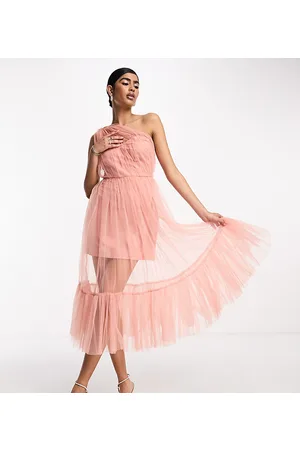 Lace & Beads Bridesmaid sheer one shoulder tulle midi dress in blush