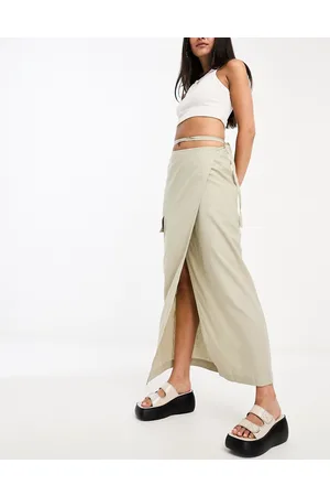 Weekday Fold linen blend cargo midi skirt in khaki