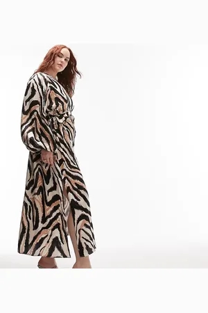 Topshop Long sleeve riviera midi dress in animal print