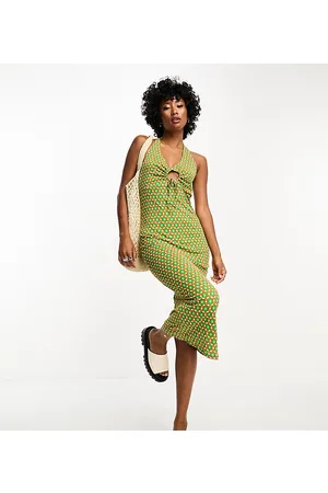 ONLY Exclusive halter neck keyhole detail midi dress in geometric print