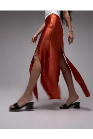Topshop Spliced split satin midi skirt in rust