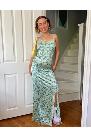 Daisy Street X Chloe Davie 90s printed maxi satin dress with lace trim