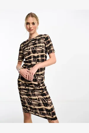 JDY Ruched detail bodycon midi dress in earth tone tie dye