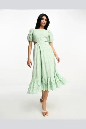French Connection Broderie midi dress with cut out in mint