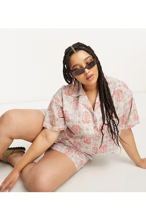 Reclaimed Plus crop shirt in check floral print co ord