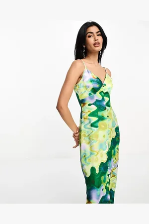 Never Fully Dressed Satin midaxi dress in green marble print
