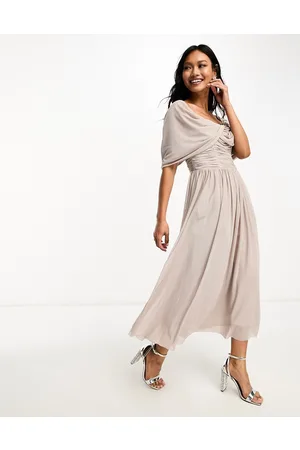 Little Mistress Bridesmaids bardot gathered midi dress in mesh in mink