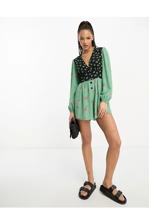 ASOS Crepe plunge neck playsuit with puff sleeve in mixed print