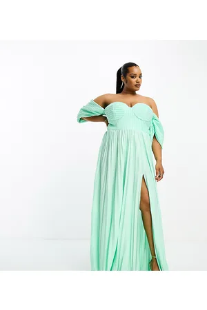 ASOS ASOS DESIGN Curve sweetheart neck off shoulder pleated maxi dress in sage green