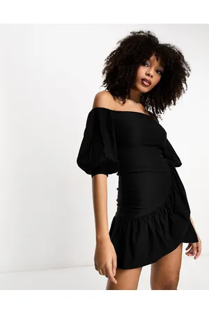 True Violet Bardot mini dress with ruffle hem in