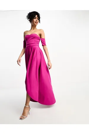 True Violet Off shoulder high low dress in fuchsia