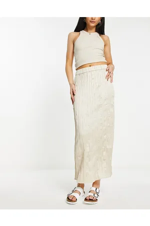 Monki Crinkle midi skirt with split in beige