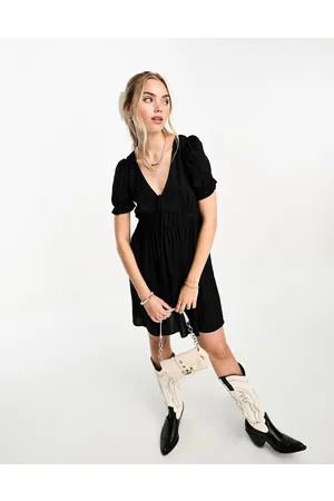 Monki Mini smock dress with puff sleeves in