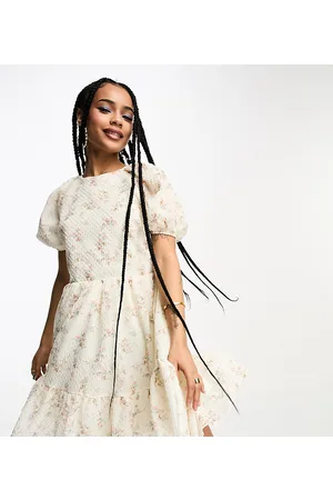 Glamorous Off white puff sleeve mini dress with tie back in floral