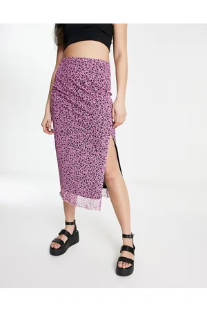 Monki Mesh midi skirt with split in pink meadow floral