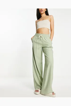 Stradivarius Crinkle pull on wide leg trouser in khaki