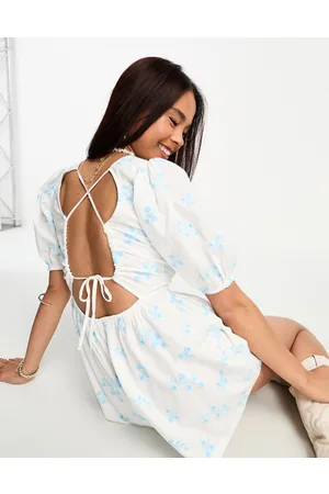 Miss Selfridge Cotton plunge playsuit in ivory with floral embroidery
