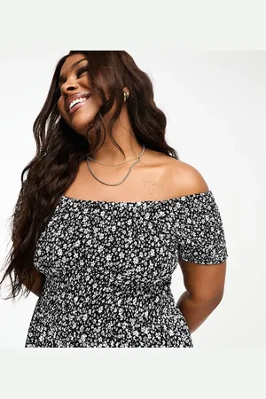 Yours Shirred bardot maxi dress in mono daisy print