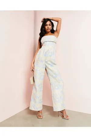 ASOS LUXE satin corsage plunge neck wide leg jumpsuit in champagne