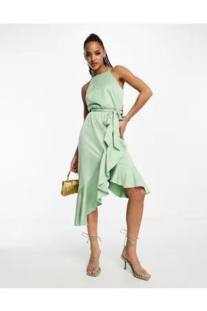 Style Cheat Ruffle wrap satin midi dress in sage