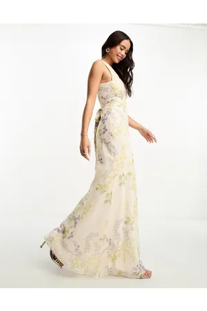 HOPE & IVY Bridesmaid tie back maxi dress in ivory floral