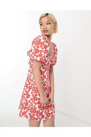 Glamorous Square neck mini smock dress tie back in floral