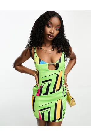 Gbemi Satin cut out logo detail mini dress in green logo print
