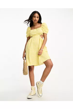 Monki Balloon sleeve cut out mini dress in gingham
