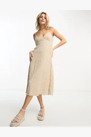 Stradivarius Crinkle cami midi dress in natural