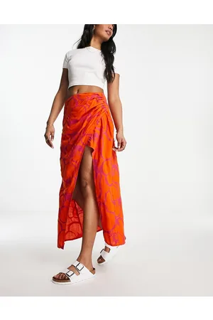 ASOS Natural slub ruched side midi skirt in fruit print