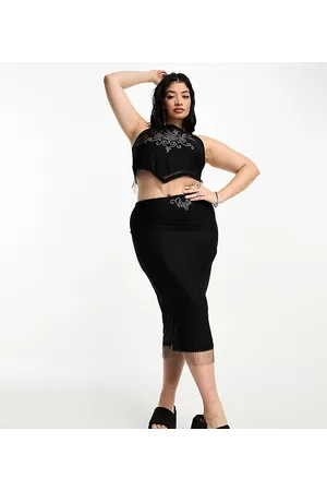 Tammy Girl Curve Tammy Girl Plus tassle midi skirt with rhinestones co-ord in