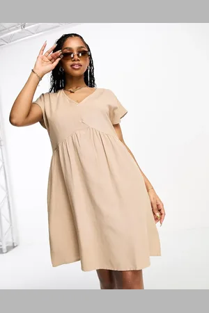 Pieces® Linen v-neck mini dress in beige