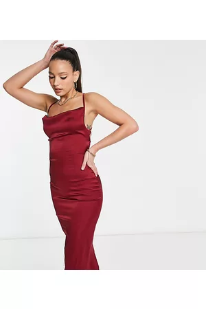 NaaNaa Satin slip midi dress with cowl front in burgundy