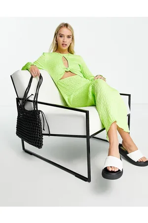 Topshop Long sleeve midi dress with knot front in lime