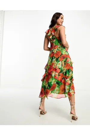 HOPE & IVY Frill sleeve midaxi dress in green and red floral