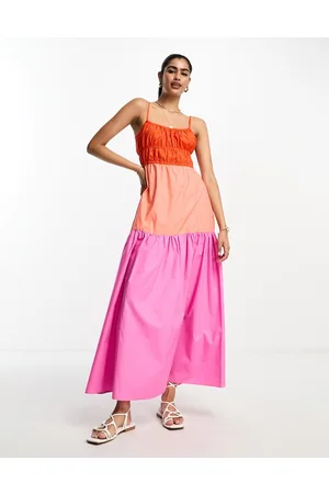 MANGO Colour block ruched midi dress in