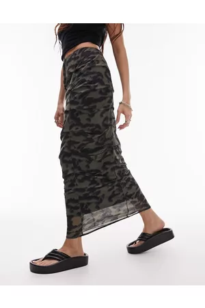 Topshop Tuck animal print midi skirt in khaki