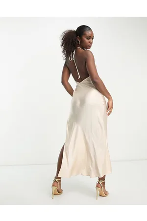 Bardot Open back slip midi dress in champagne