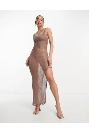 Style Cheat Metallic crochet side split maxi dress in bronze