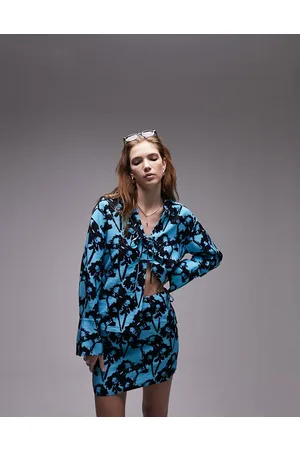 Topshop Co-ord long sleeve tie up printed top in turquoise