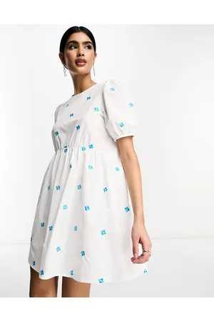 Y.A.S Y.A.S smock mini dress with embroidered blue flowers in