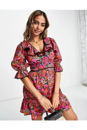 Miss Selfridge Trim detail ruffle mini tea dress in cluster floral